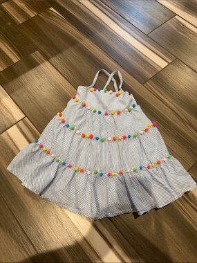 Tommy Bahama Blue and White Striped Pom-Pom Tiered Sundress